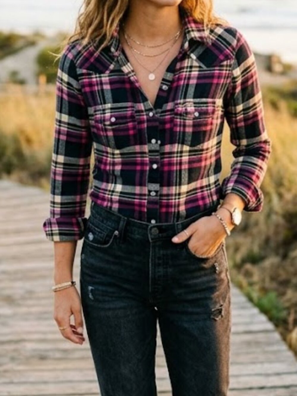 Hollister Plaid Shirt Top Blouse Black Pink Small